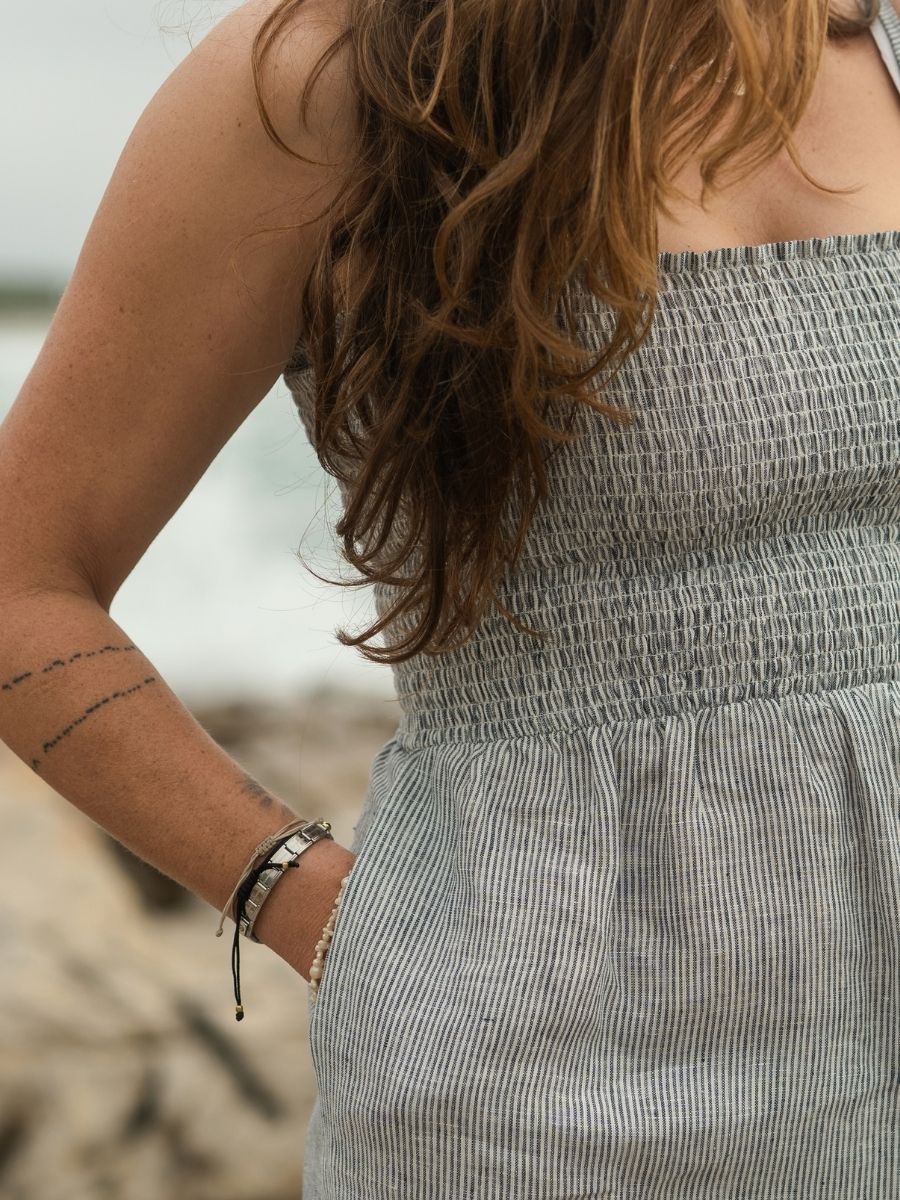 Amelia Smock Dress - Linen - Navy Stripe
