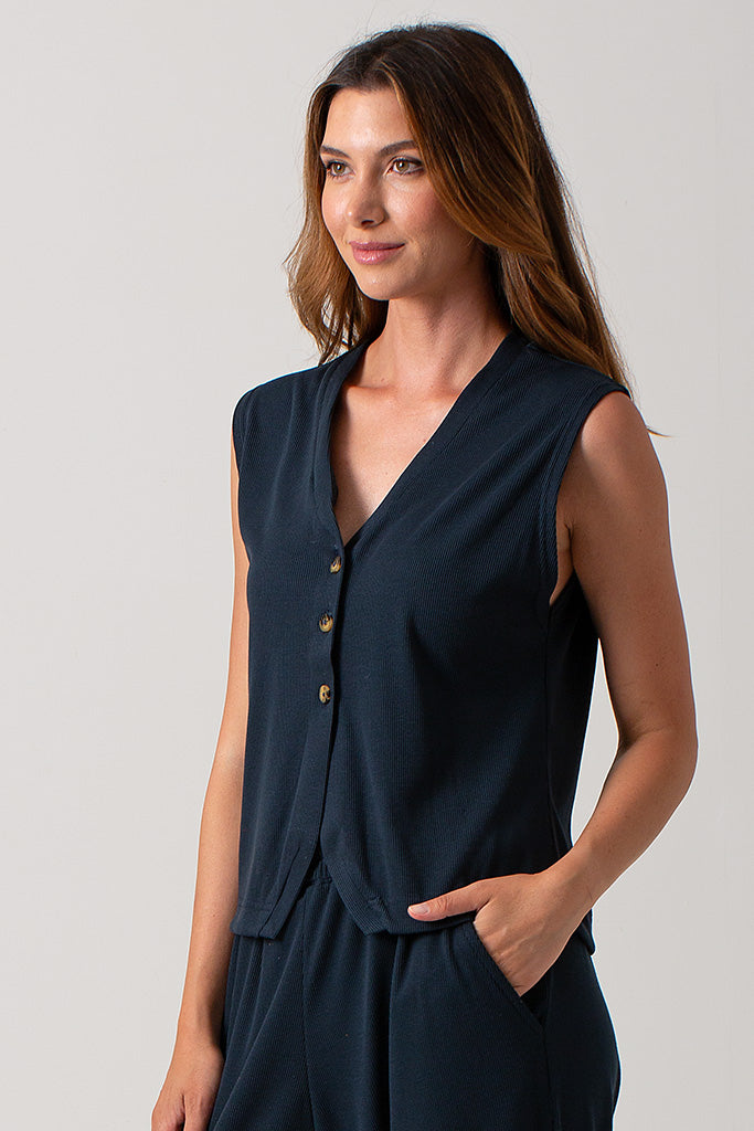Elle Rib Knit Waist Coat - Navy