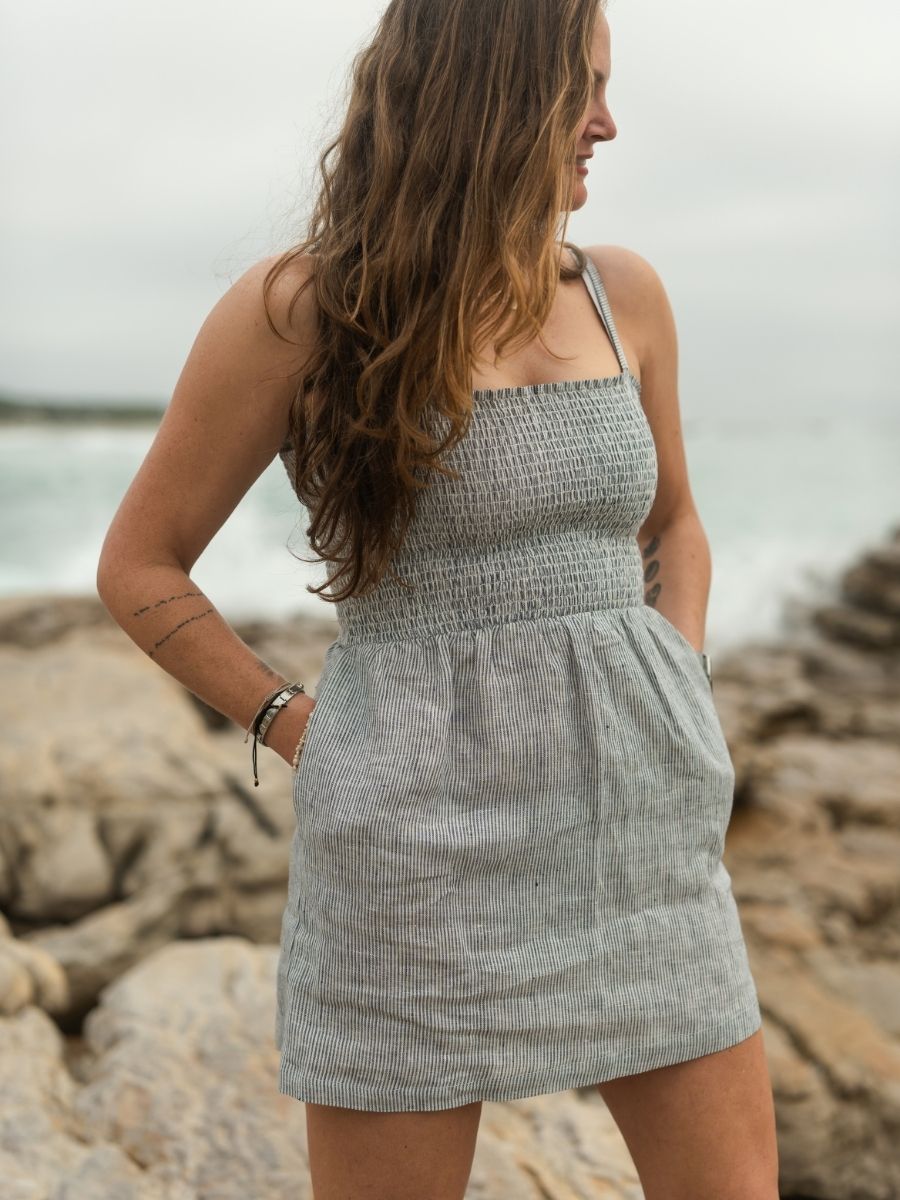 Amelia Smock Dress - Linen - Navy Stripe
