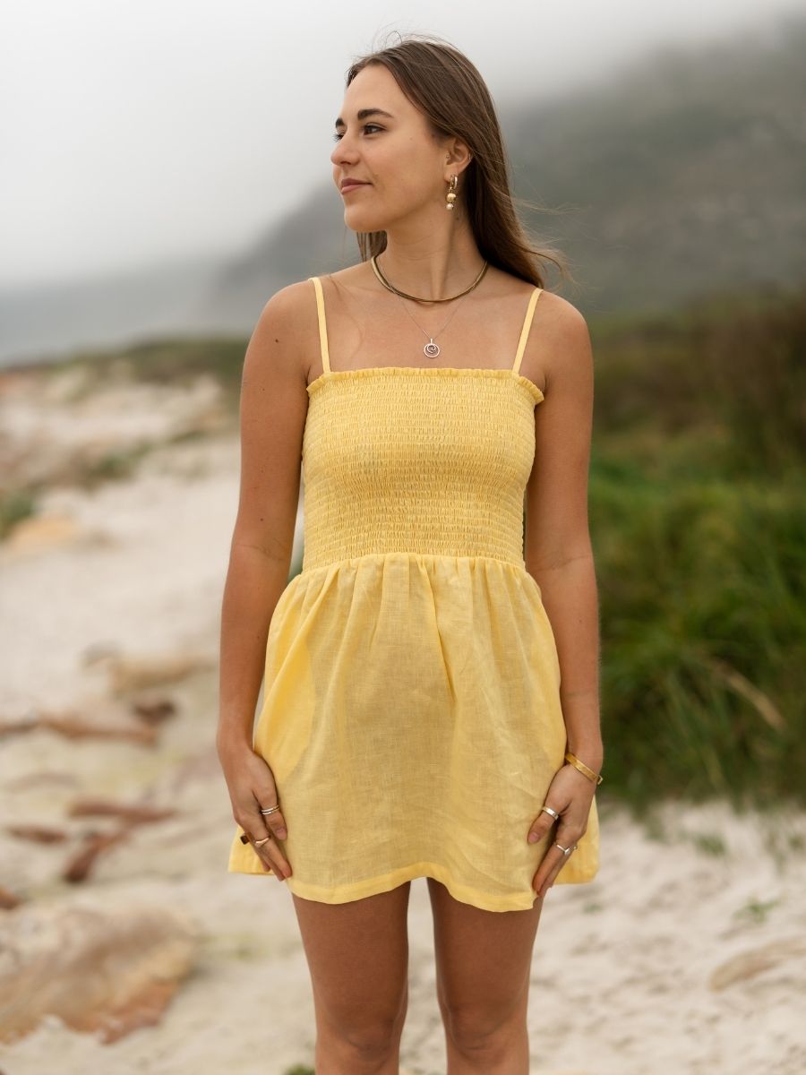 Amelia Smock Dress - Linen - Lemon