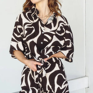 Brady Drawstring Shorts Cotton - Black & Cream Print