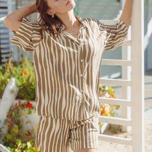 Brady Drawstring Shorts Cotton - Brown & Cream Print