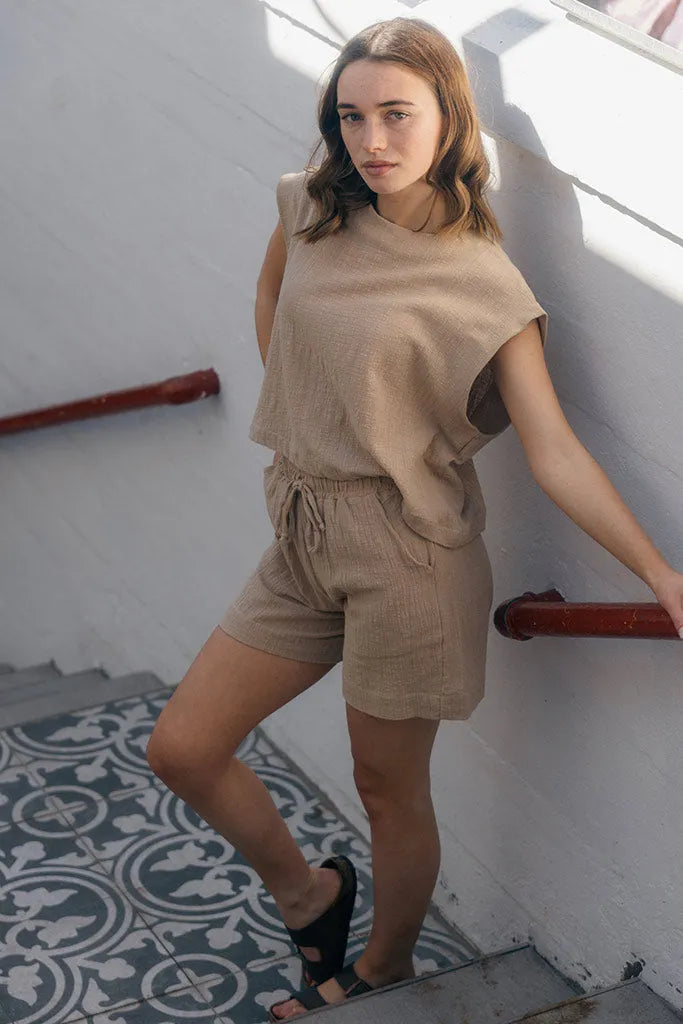 Brady Drawstring Shorts Muslin - Stone