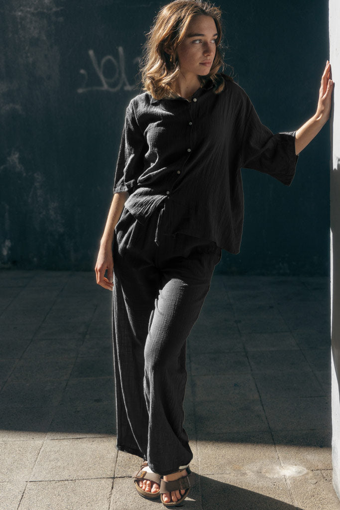 Casey Drawstring Pants - Muslin - Black