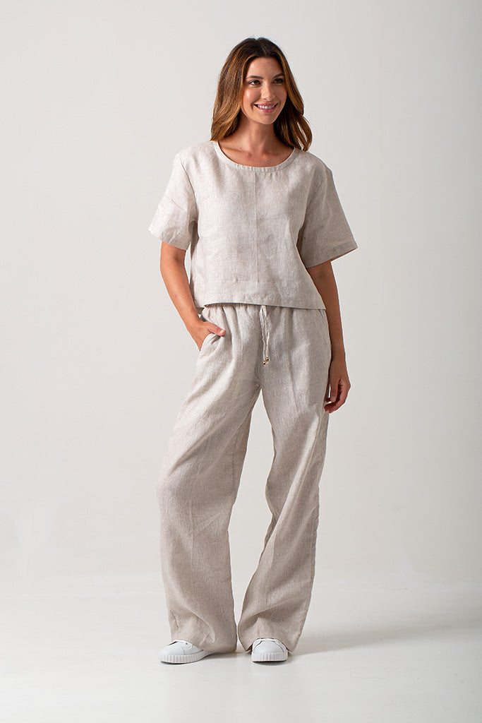Linen Casey Drawstring Pants - Natural