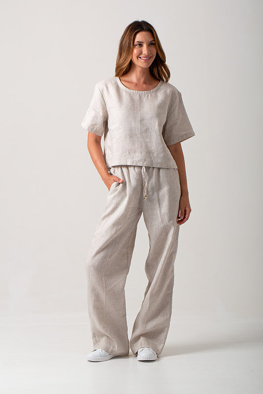 Linen Casey Drawstring Pants - Natural