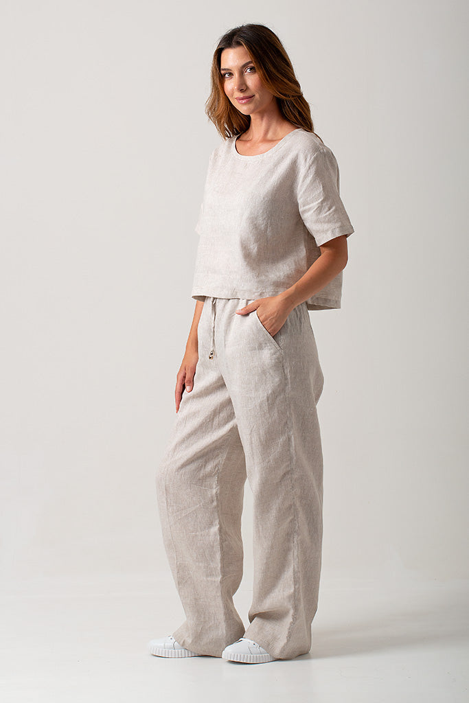 Linen Casey Drawstring Pants - Natural