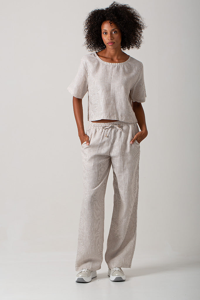 Casey Drawstring Pants - 100% Linen Stripe