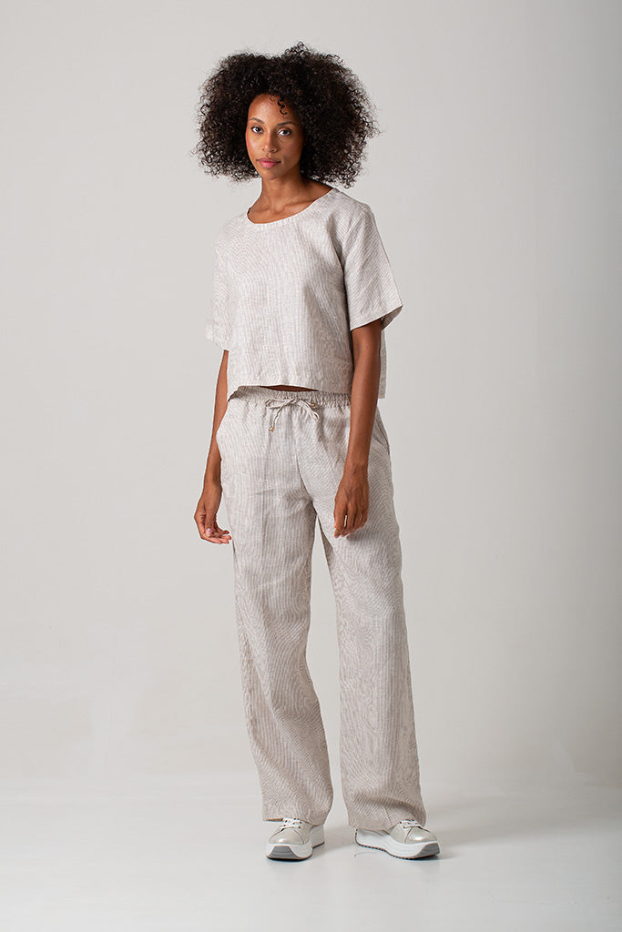 Casey Drawstring Pants - 100% Linen Stripe