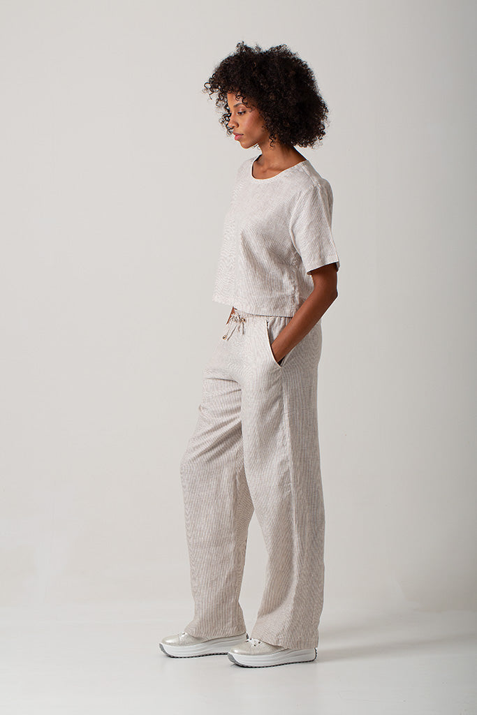 Linen Casey Drawstring Pants - Stripe