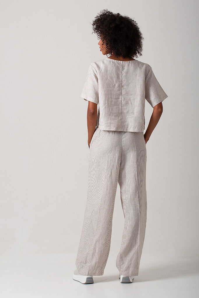 Casey Drawstring Pants - 100% Linen Stripe