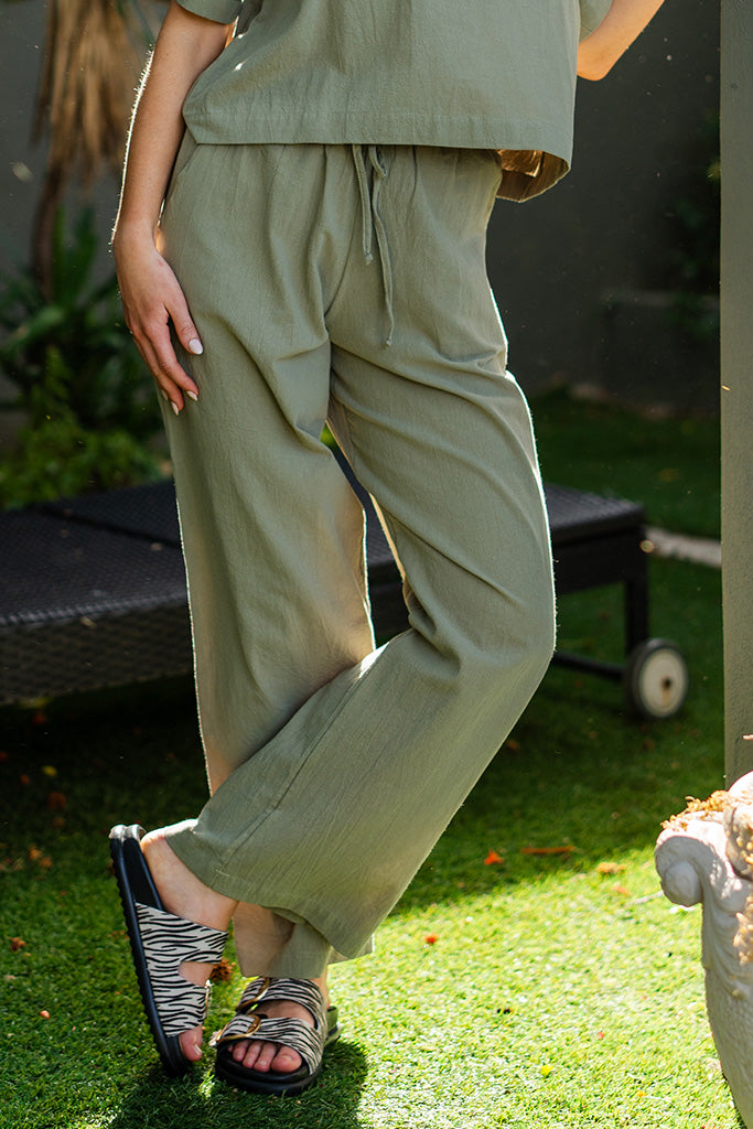 Casey Drawstring Pants in Washer Cotton - Fatigue