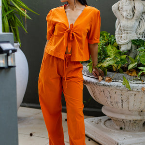 Casey Drawstring Pants in Washer Cotton - Orange