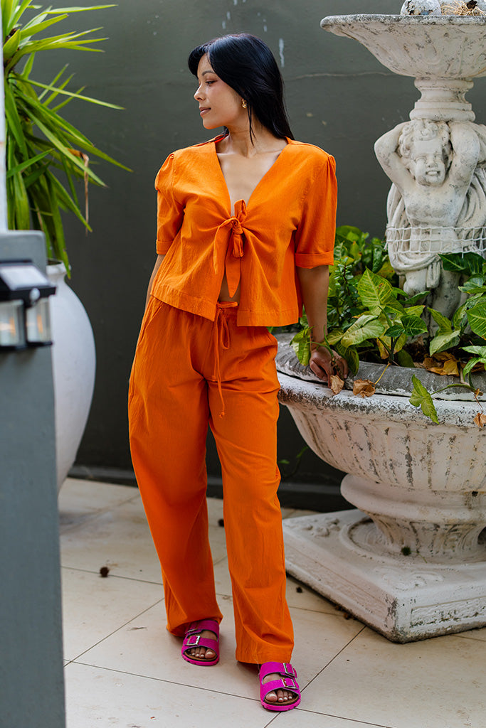 Casey Drawstring Pants in Washer Cotton - Orange
