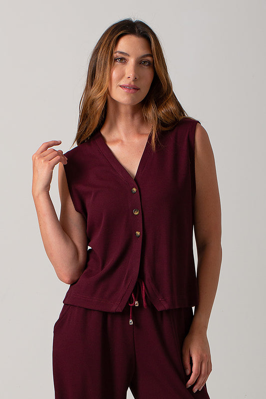 Elle Rib Knit Waist Coat - Burgundy