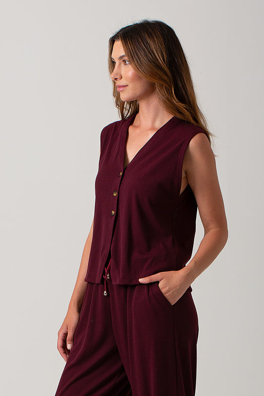 Elle Rib Knit Waist Coat - Burgundy