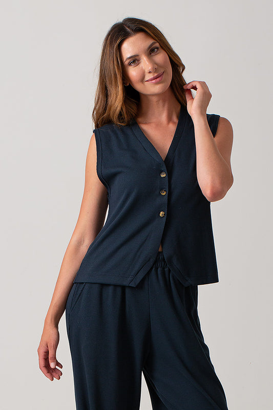 Elle Rib Knit Waist Coat - Navy