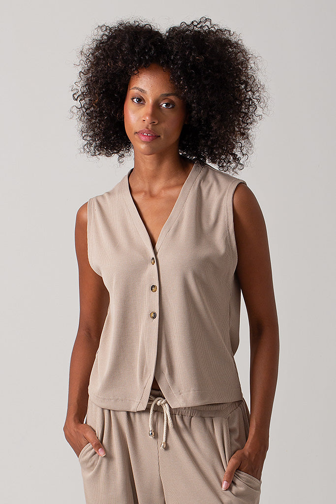 Elle Rib Knit Waist Coat - Stone