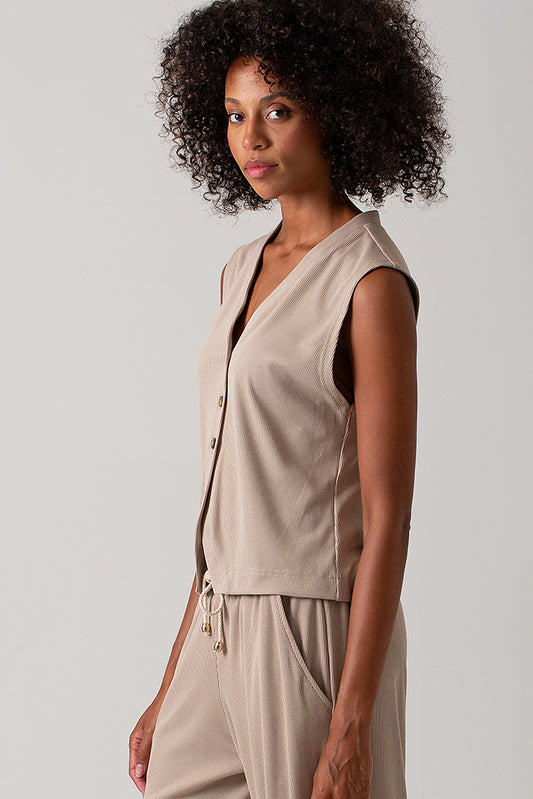 Elle Rib Knit Waist Coat - Stone