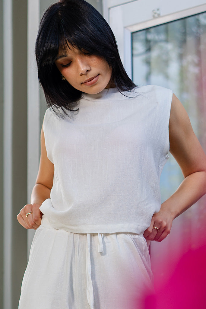 Freda Crop Top in Linen Viscose - Cream