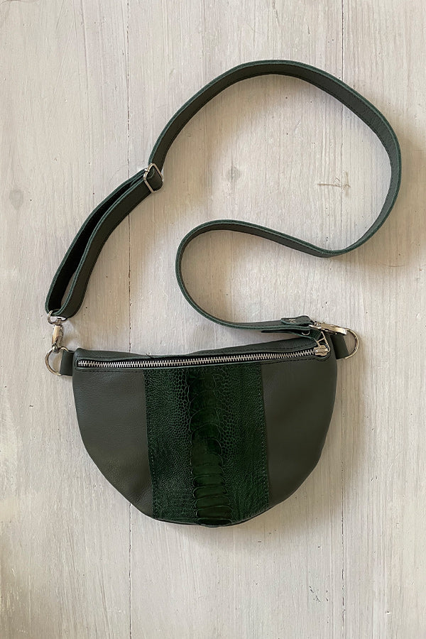 The Half Moon Ostrich Leather Bag in Olive