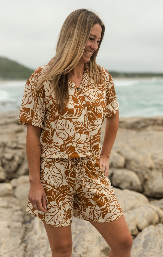 Santana Shirt Rayon Print - Rust Leaf