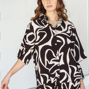 Savannah Surf Shirt in Cotton - Black & Cream Print