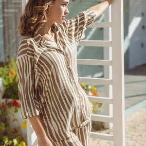 Savannah Surf Shirt in Cotton - Brown & Cream Print