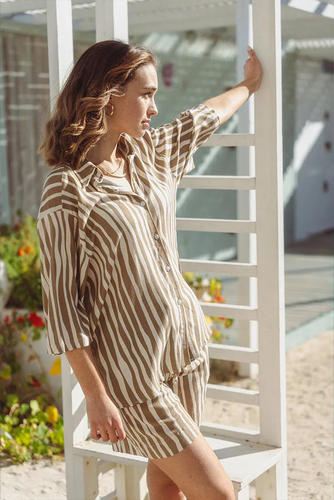 Savannah Surf Shirt in Cotton - Brown & Cream Print