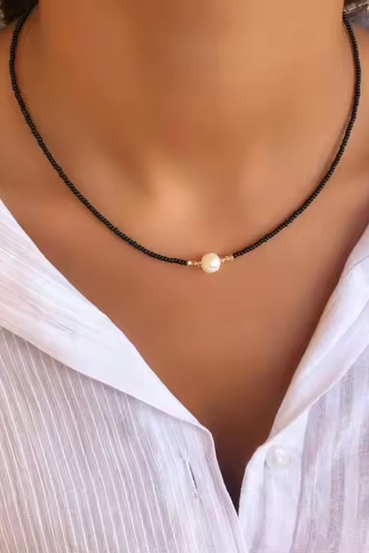 Seed Bead Pearl Necklace - Black