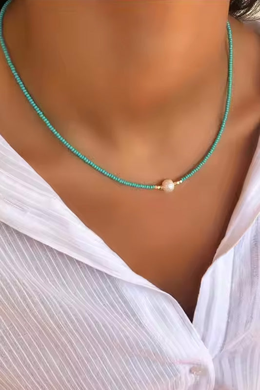 Seed Bead Pearl Necklace - Turquoise