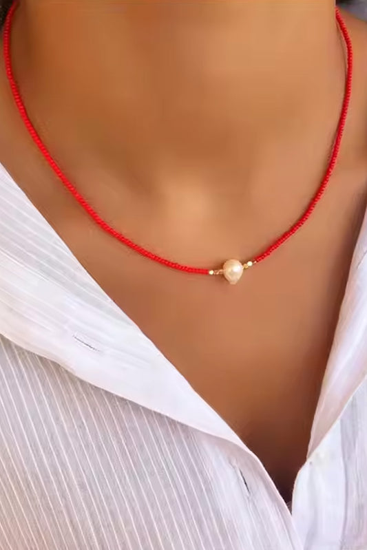 Seed Bead Pearl Necklace - Red